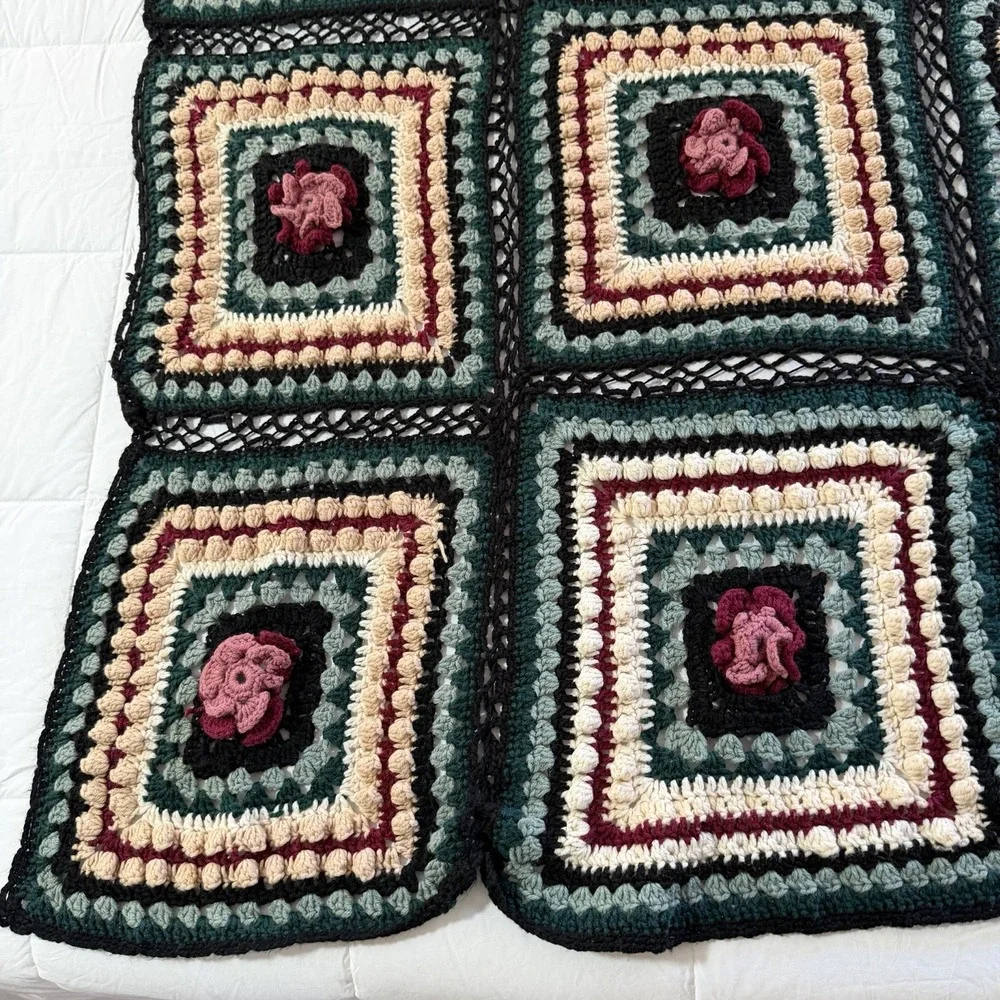 Hand Crocheted Granny Square Afghan Throw Blanket Floral 70